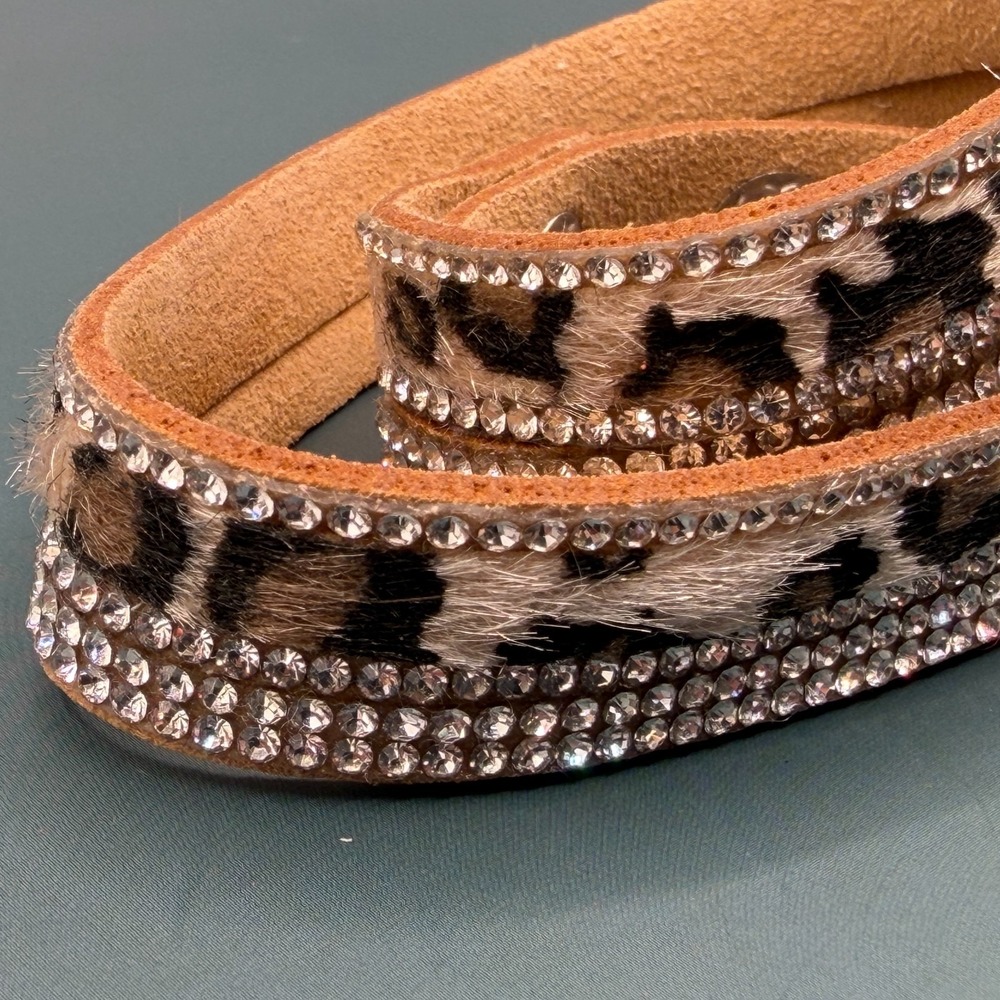 Leopard Print Rhinestone Wrap Bracelet Tan Suede Crystal Sparkle Boho Statement - Picture 6 of 13